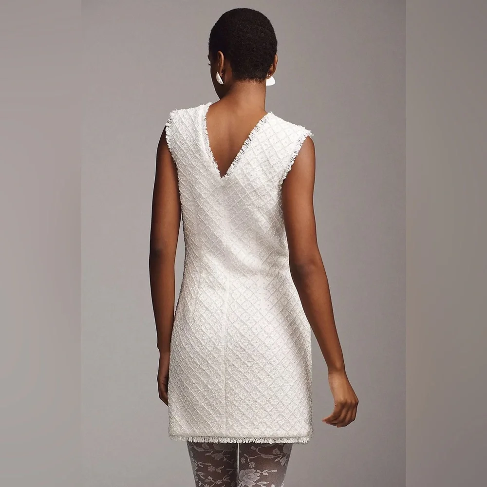 BHLDN Anthropologie Sleeveless Tweed Dress Pearl Embellished Fringed Trim NWOT - Picture 2 of 11